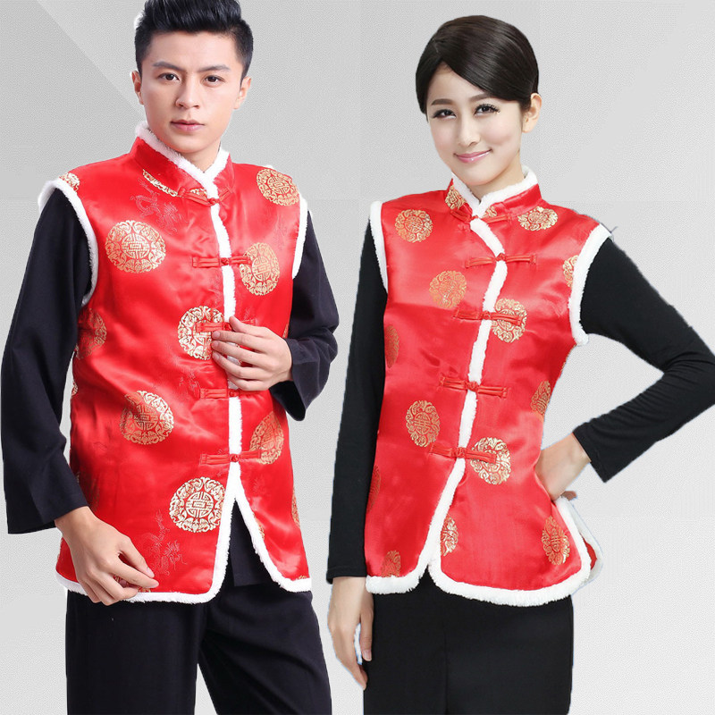 唐装冬马甲加棉背心女冬红色演出马夹中国风过年喜庆坎肩外套上衣