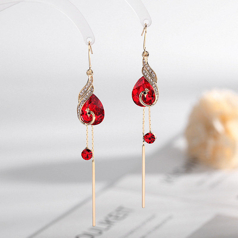 新款韩国时尚气质长款耳钩红色凤凰水晶耳环孔雀个性流苏耳饰耳坠