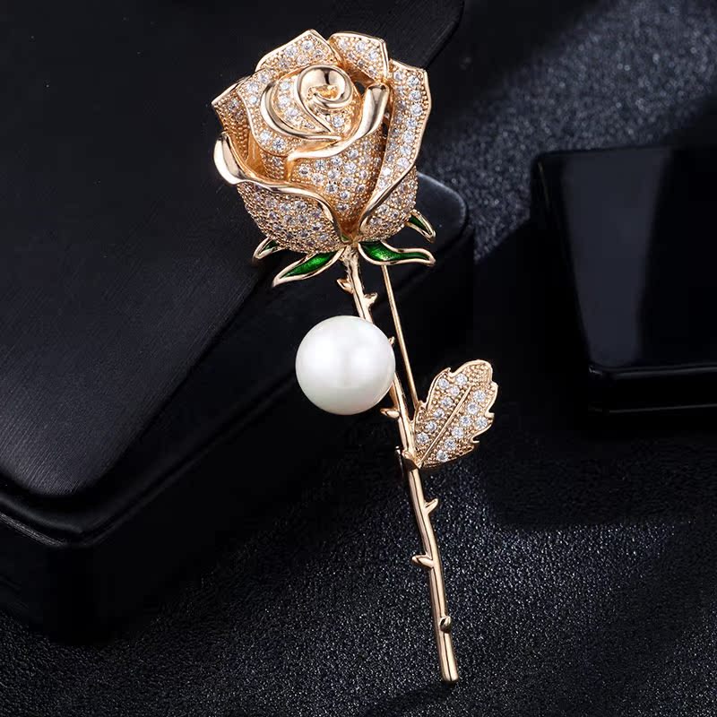 韩国高档珍珠玫瑰花胸针女百搭别针装饰简约西服胸花配饰厂家直供