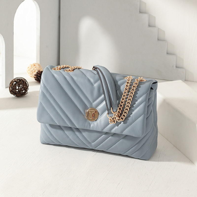 tuscans羊皮高级感链条菱格纹单肩包2021新款潮真皮女包包斜挎包