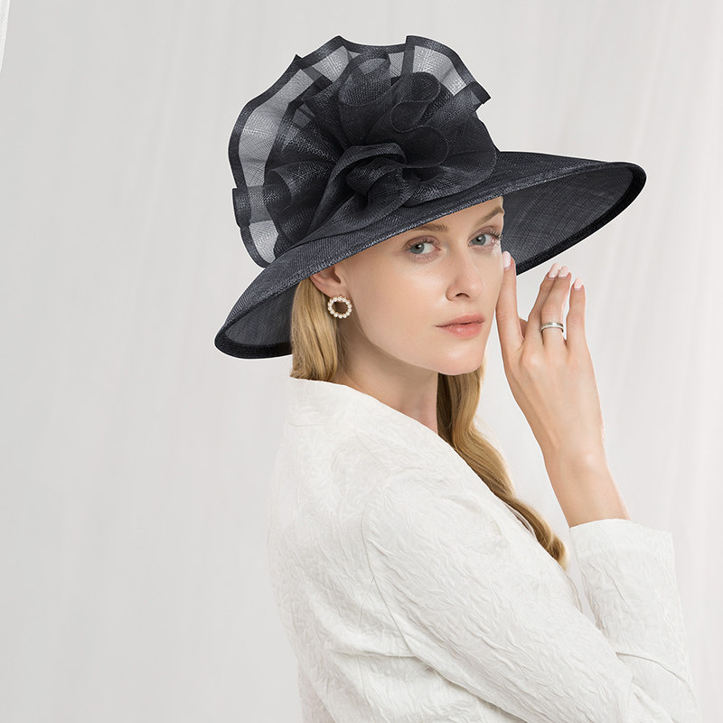 ee英式礼帽菲律宾a级麻纱圆顶大檐花朵御姐范帽子女1134