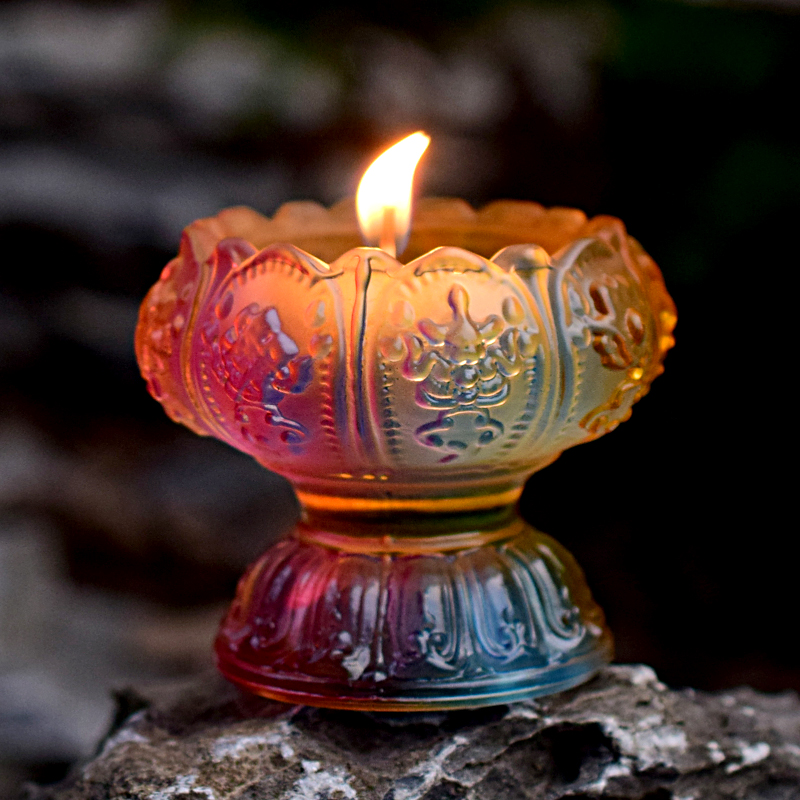 有缘佛具七彩琉璃八吉祥莲花蜡烛台酥油灯底座佛教用品供灯架包邮