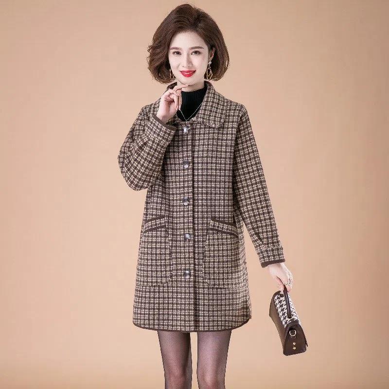 2022春季新款韩版双面绒大衣洋气修身中长款格子中年妈妈外套大码