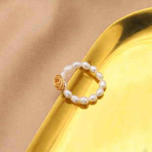 天然珍珠戒指高级不掉色小众绕线玫瑰花ins情侣串珠简约指环