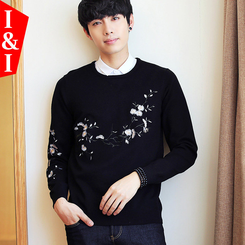 刺繡毛衣男2017秋鼕新款韓版修身圓領套頭男士打底衫外穿針織衫潮