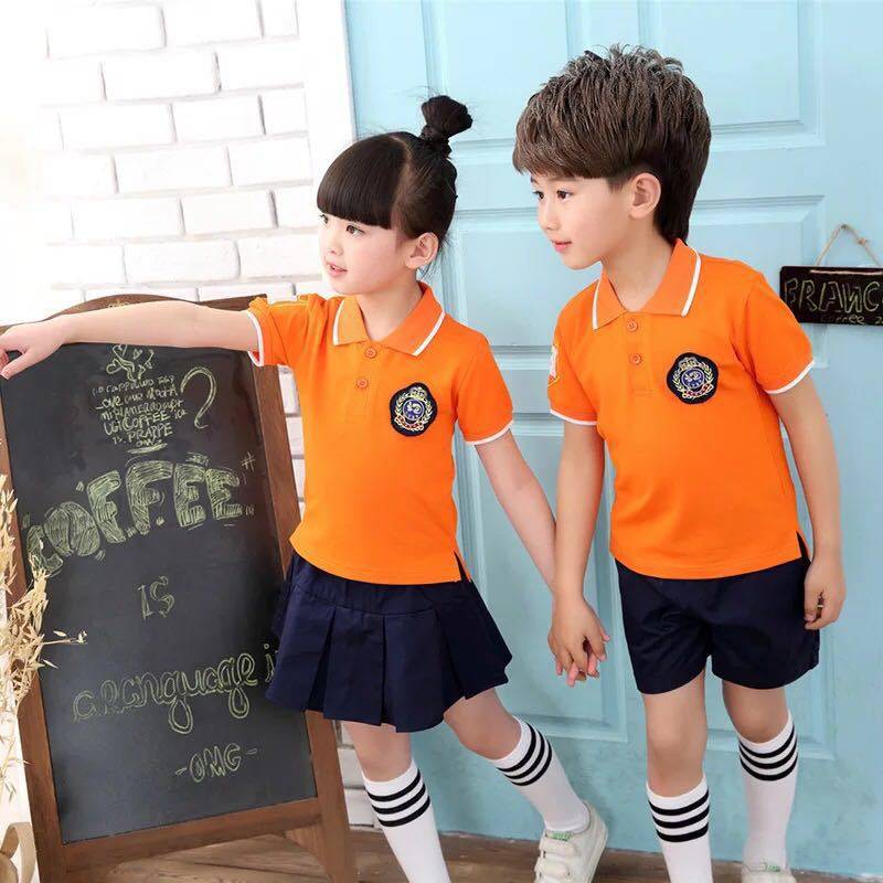 幼儿园园服夏季校服 小学生班服橙色短袖t恤短裤男女童短裙子套装