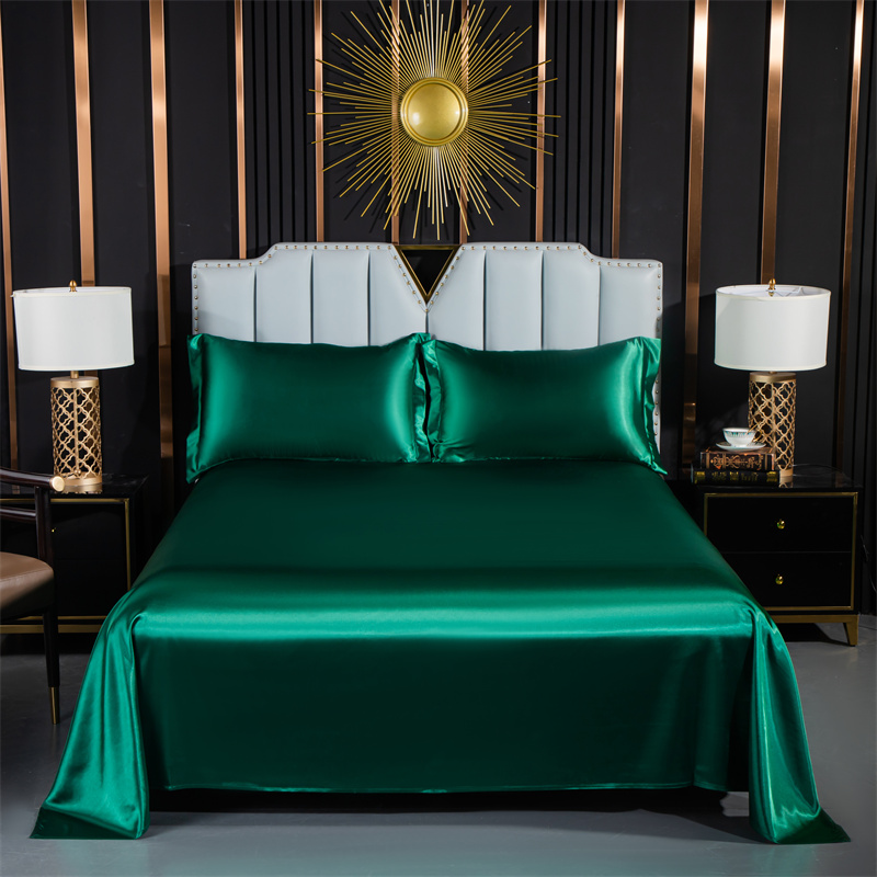轻奢风真丝床单单件夏季天丝墨绿色被单高档冰丝床上三件套可定制