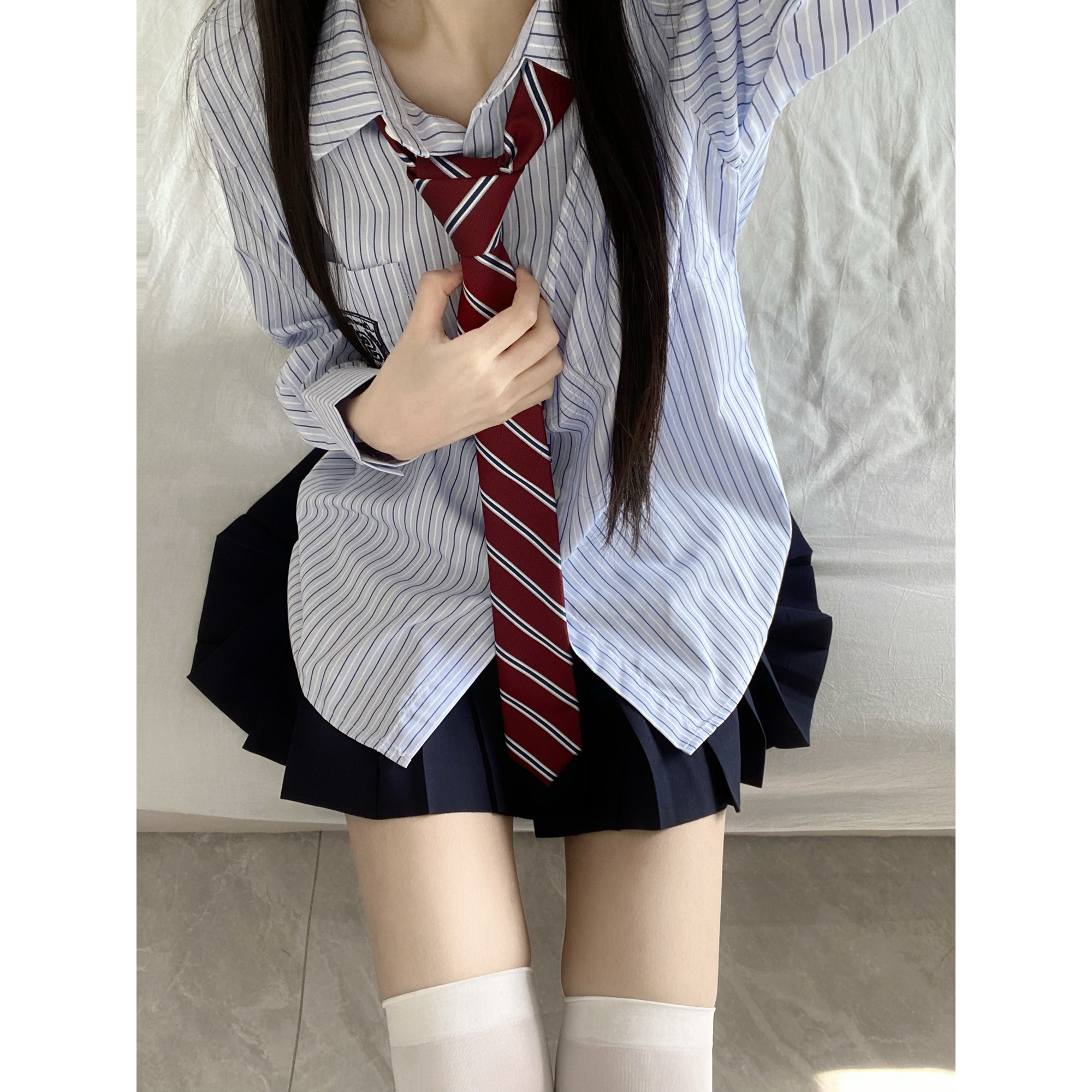 车厘子jk原创百搭绀蓝条纹长短袖衬衫女学院风制服衬衣百褶裙套装