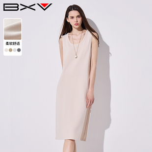 BXV纯色圆领直筒连衣裙女中长款2024夏季新款显瘦法式内搭背心裙