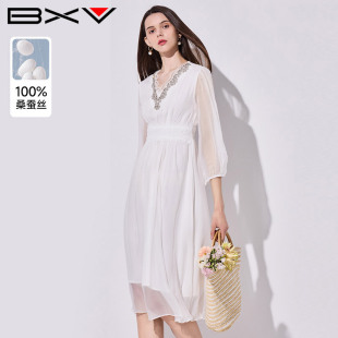 BXV白色v领真丝连衣裙女2024夏新款简约七分袖收腰蕾丝桑蚕丝长裙