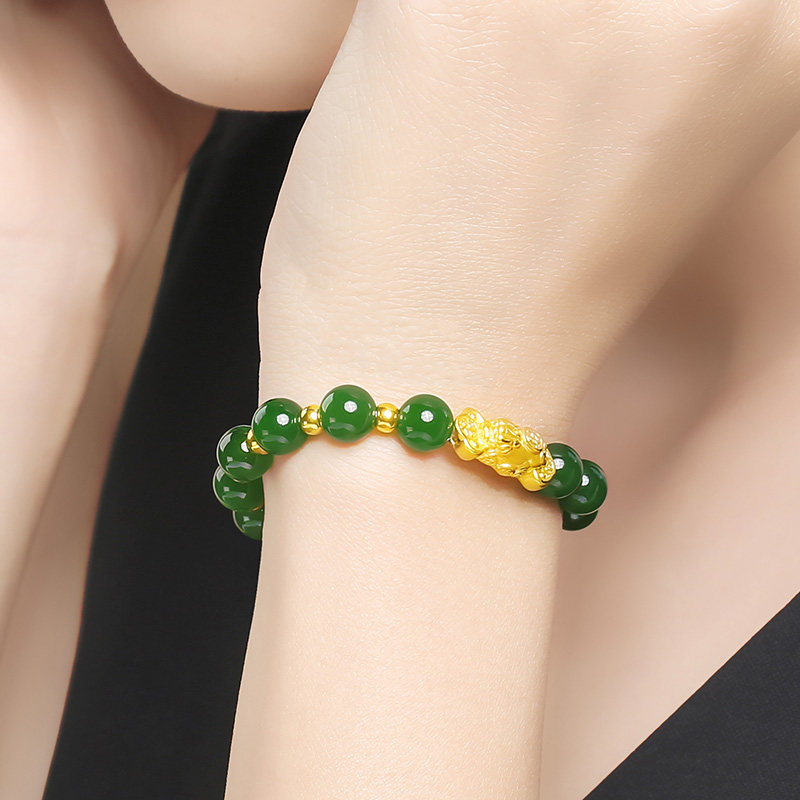 凤禧珠宝 黄金貔貅如意转运珠手链和田碧玉手串玉石手链送礼物