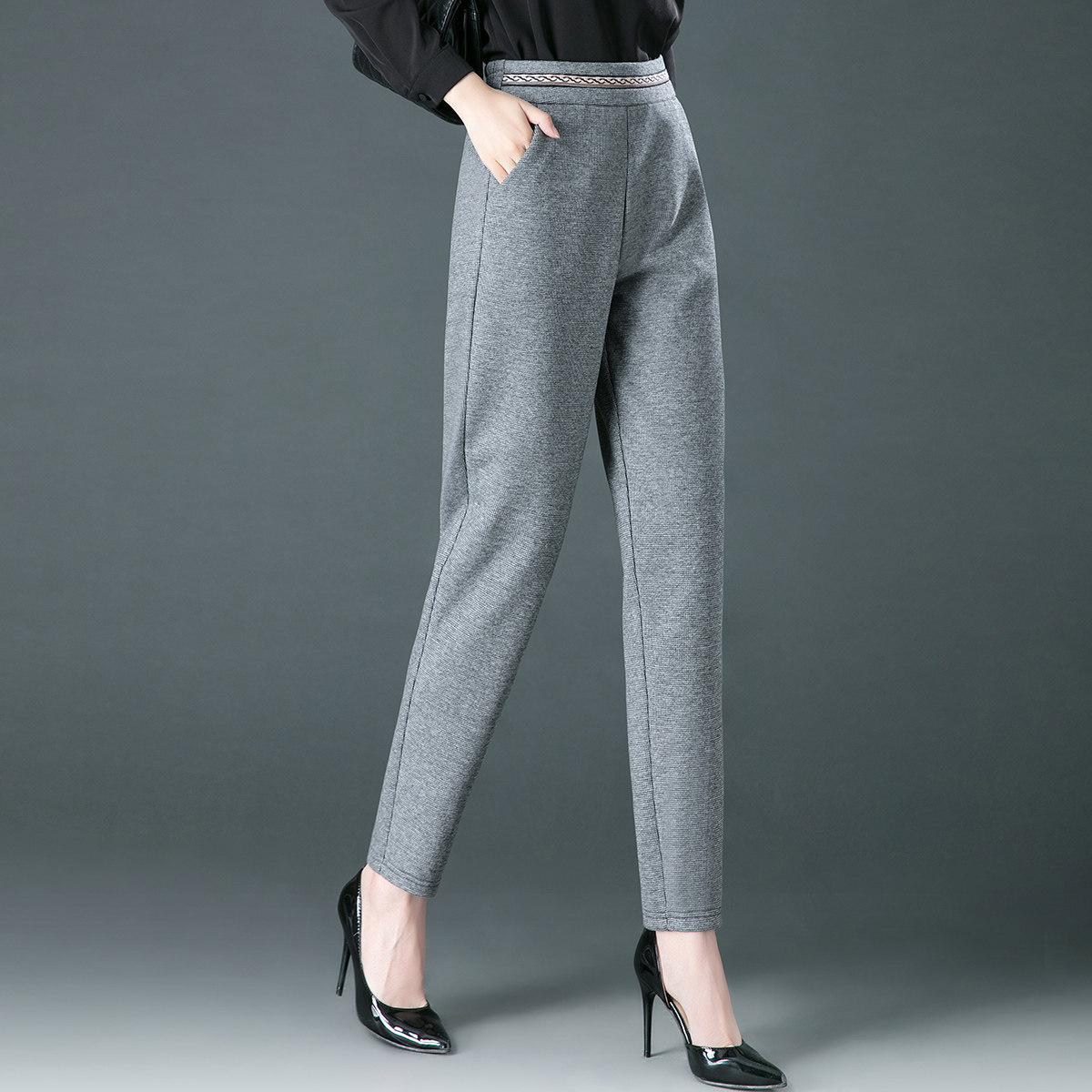 春季针织四面弹力中年高腰女裤松紧腰小脚哈伦裤春秋款女士休闲裤