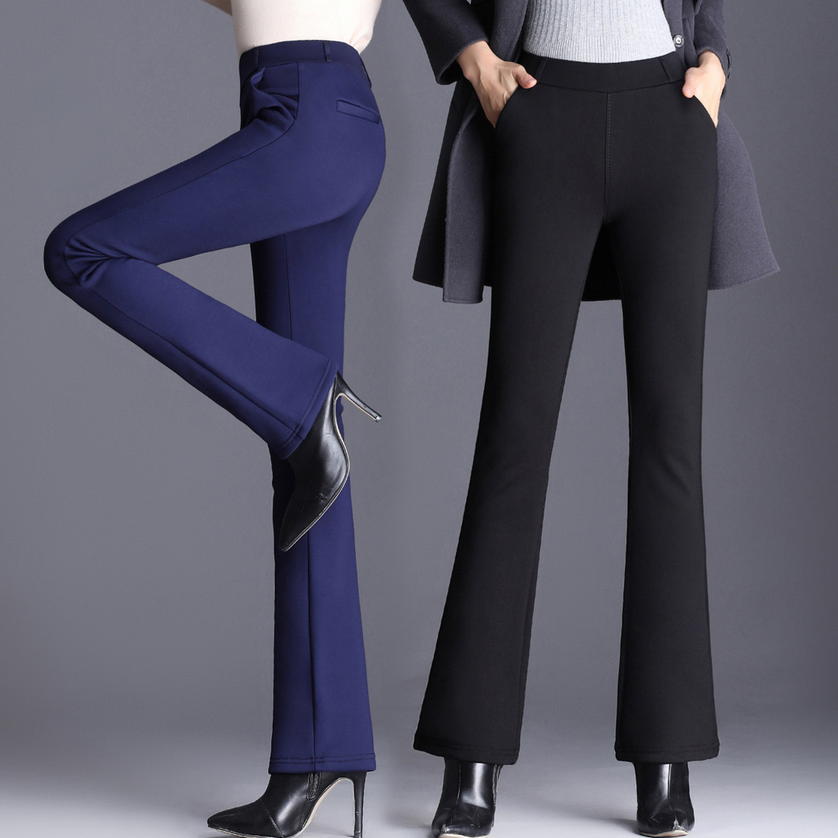 秋季中年女裤针织弹力显瘦中腰微喇长裤秋天女士松紧腰喇叭休闲裤