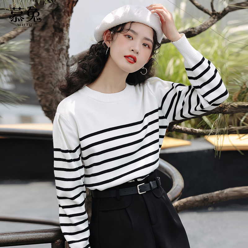 黑白条纹针织衫女长袖宽松韩版