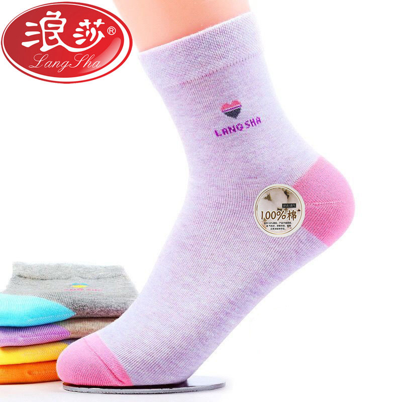 6双浪莎女袜纯棉休闲运动袜女士春秋袜子全棉中筒四季棉袜不臭脚