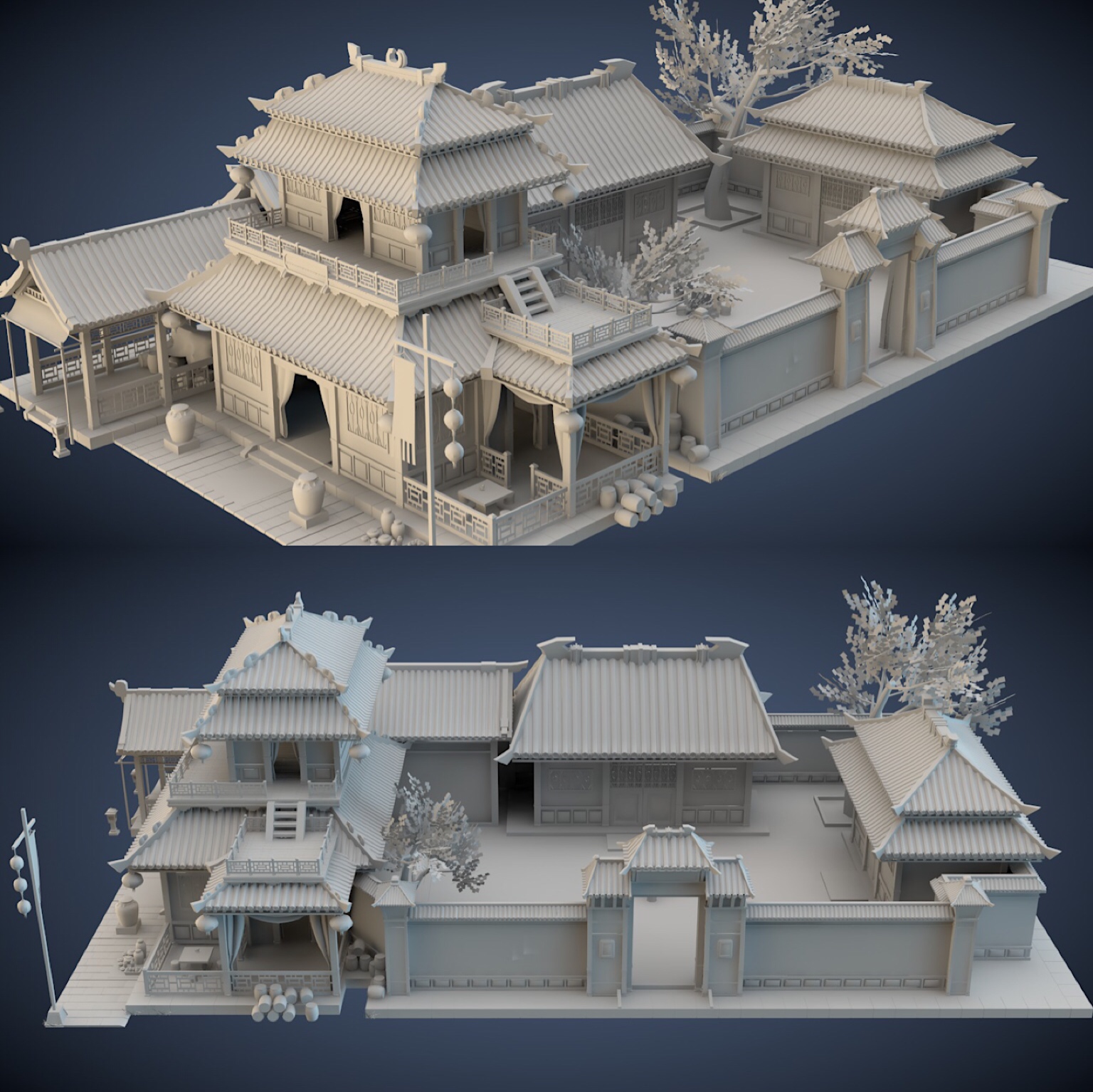 古代建筑模型院子客栈酒馆maya c4d fbx obj格式模型中国风 a119