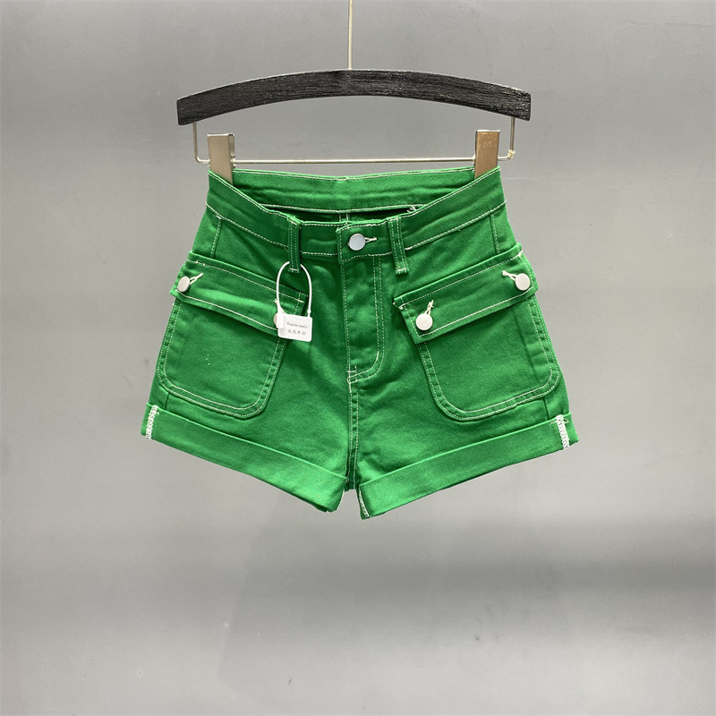 浅绿色美式休闲工装牛仔短裤女夏季新款高腰显瘦翻边辣妹直筒热裤