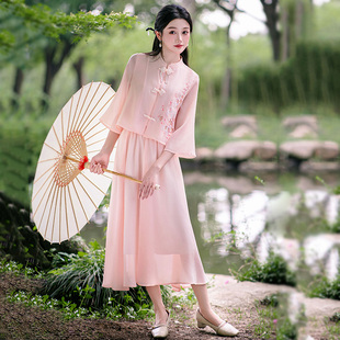 小个子日常改良旗袍新中式粉色刺绣上衣穿搭国风半身长裙汉服套装