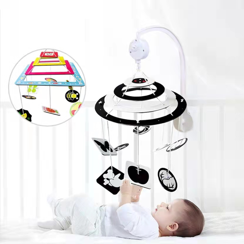 婴儿车玩具挂件黑白卡片婴儿早教卡床头摇铃旋转宝宝床铃悬挂式