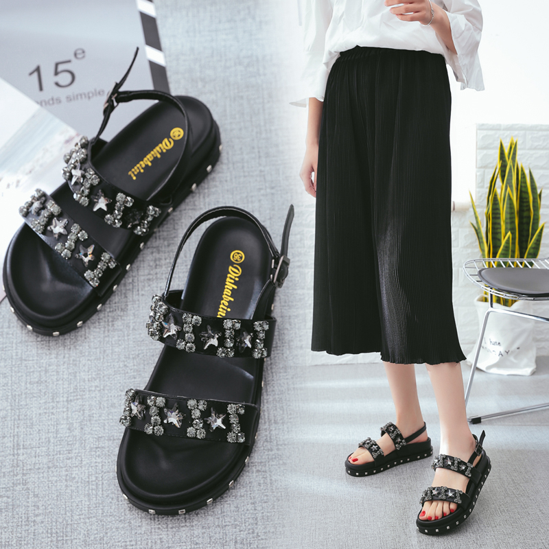 2017夏季新款一字扣水鑽涼鞋女韓版平底厚底松糕坡跟涼鞋羅馬鞋女