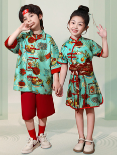 中国风儿童六一团队演出服新中式汉服套装女童旗袍裙男童唐装国潮