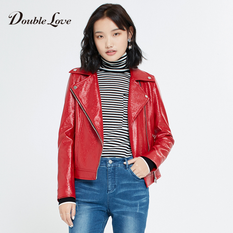 Doublelove女装2018早秋新款潮流街拍机车风拉链设计红色夹克外套,降价幅度47.4%