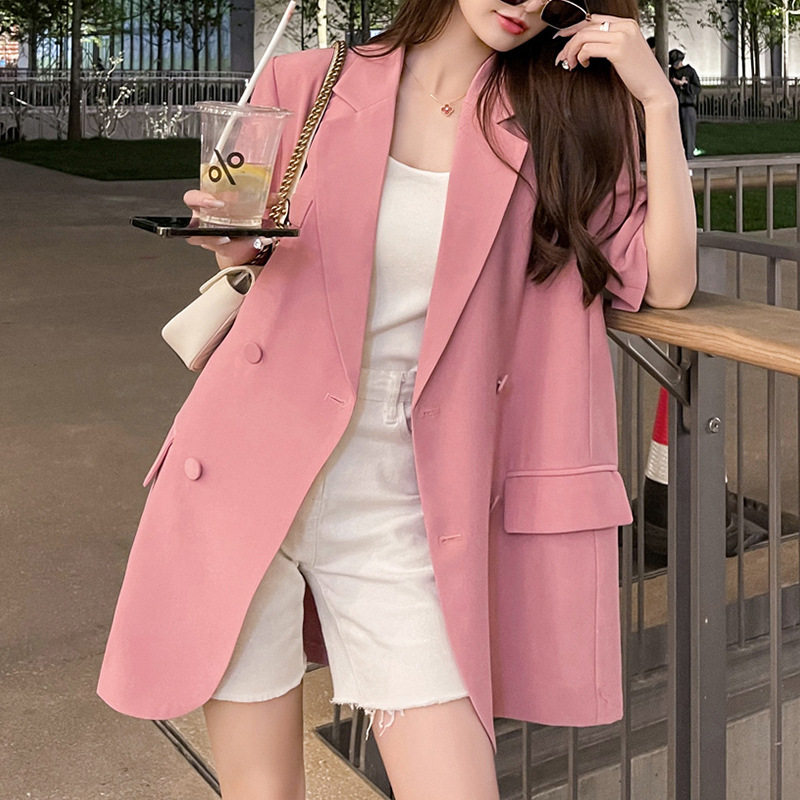 胖mm大码女装粉色短袖薄西装外套夏季新款网红宽松西服上衣200斤