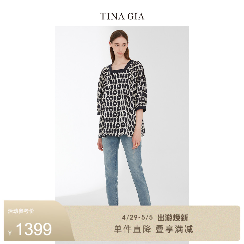 TINAGIA天纳吉儿新款全棉亲肤复古气质方领衬衫上衣