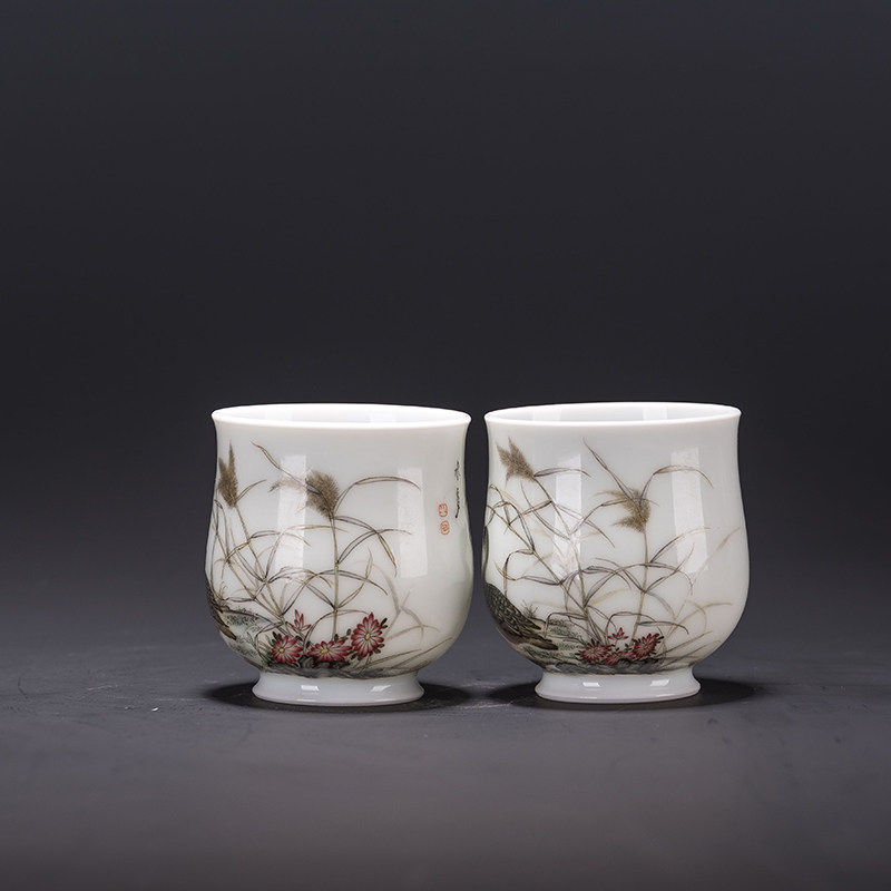 青年陶瓷艺术家 陈慕青作品 粉彩花鸟对杯