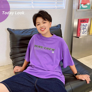 潼哥青少年童装儿童短袖t恤字母印花半袖上衣夏季新大童紫色汗衫