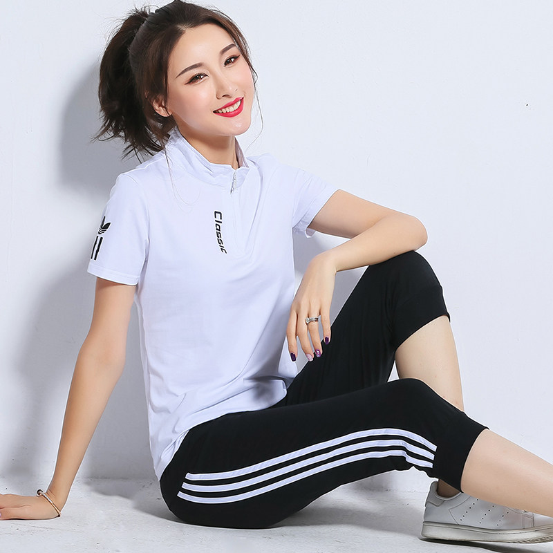 休闲运动服套装女夏2020立领运动套装棉大码两件套跑步短袖七分裤