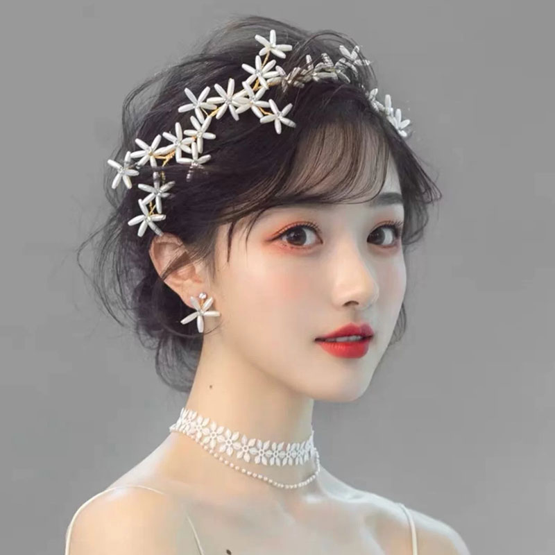 超仙新娘婚礼韩式手工串珠结婚发箍耳环珍珠头饰套装甜美简约发饰