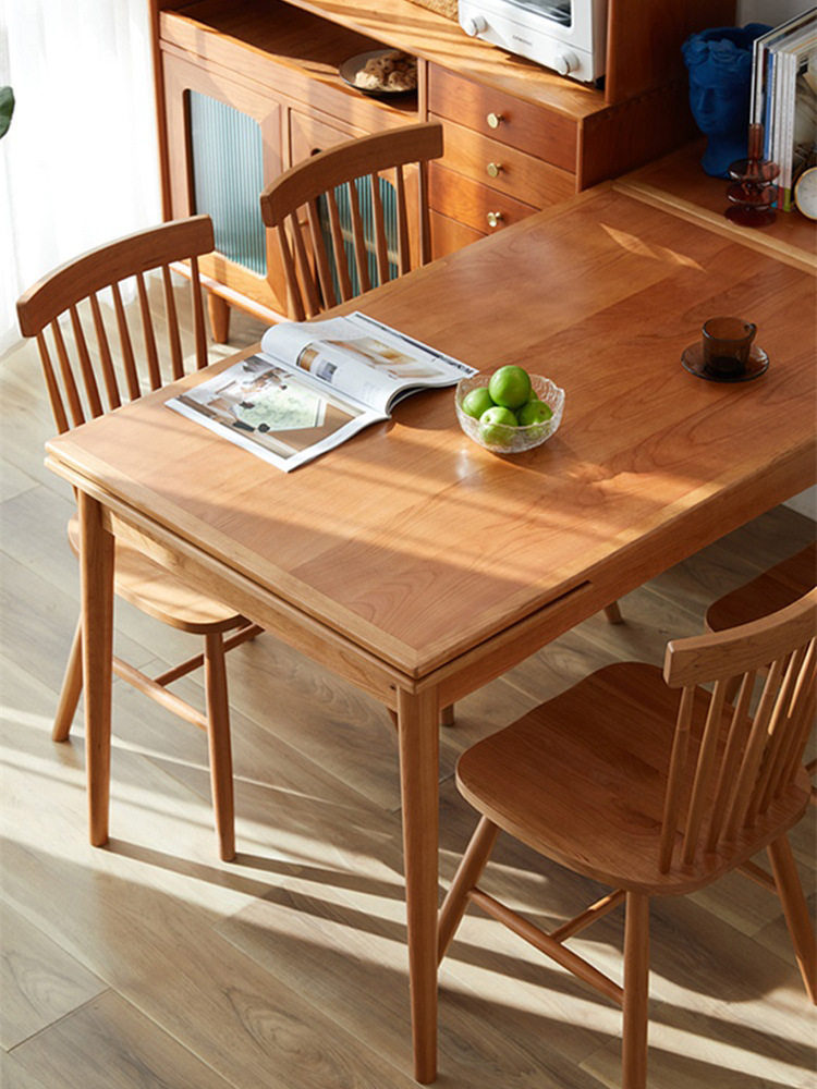 万德美北欧实木餐桌小户型家用可伸缩折叠多功能樱桃木餐桌椅组合