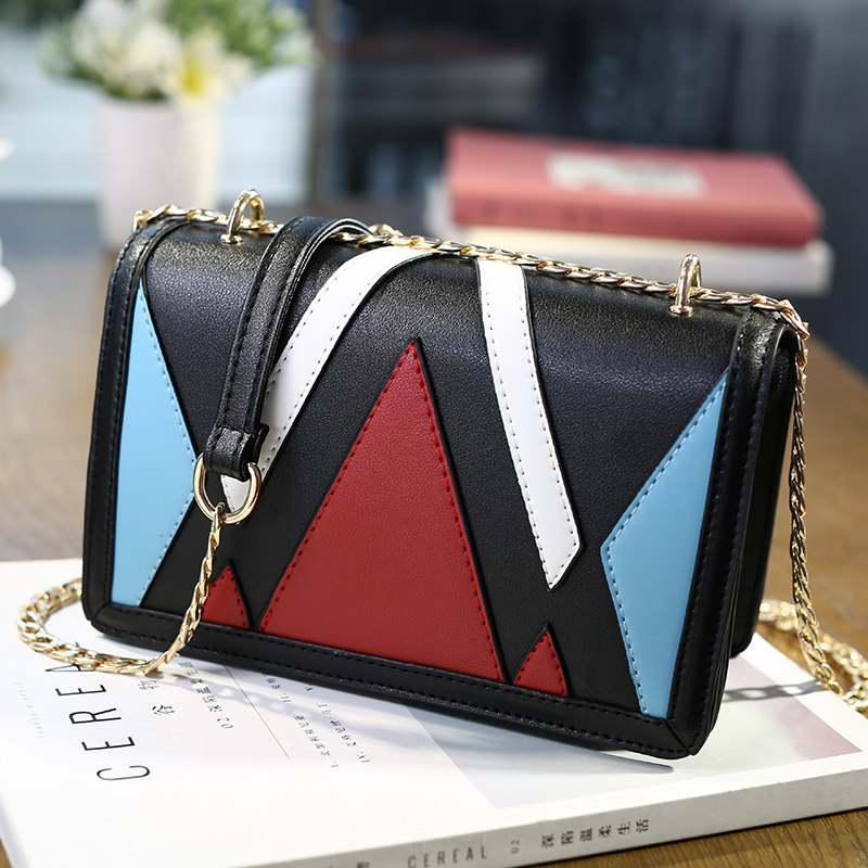 链条斜挎单肩包女百搭小撞色拼色包小方包包包