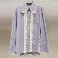 韩国代购2016秋装甜美立体花朵显瘦上衣蕾丝边蓝白条纹衬衫女长袖
