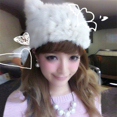 韩版可爱兔毛皮草猫耳朵帽子女秋冬日系加厚保暖甜美针织毛线帽