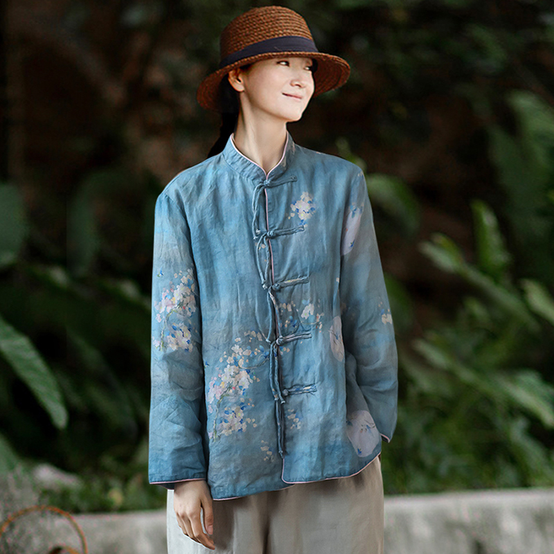 知笔墨春季复古新中式苎麻印花立领短外套唐装盘扣开衫褂子女士