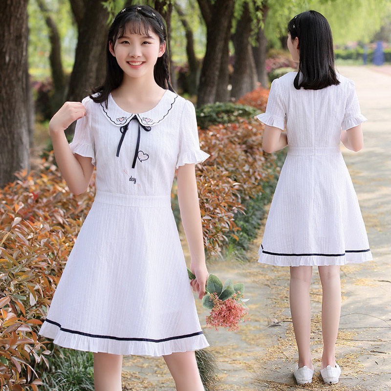 学生夏装连衣裙夏季新品纯棉修身少女初中生高中学院风娃娃领裙子