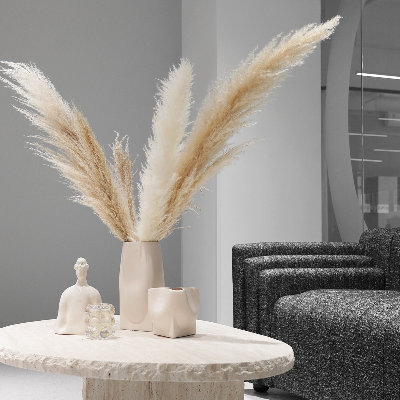 纳茉/现代简约米白色陶瓷花器 客厅电视柜样板间芦苇干花装饰摆件