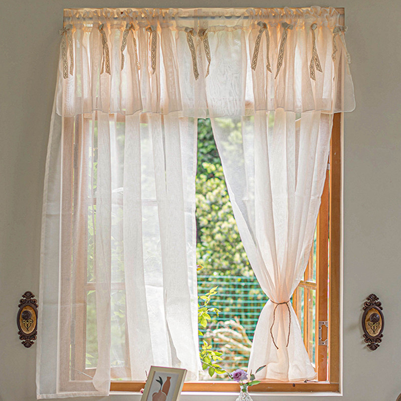 小窗户窗帘免打孔门帘半帘浅香槟纱帘隔断美式田园蝴蝶结亚麻窗纱