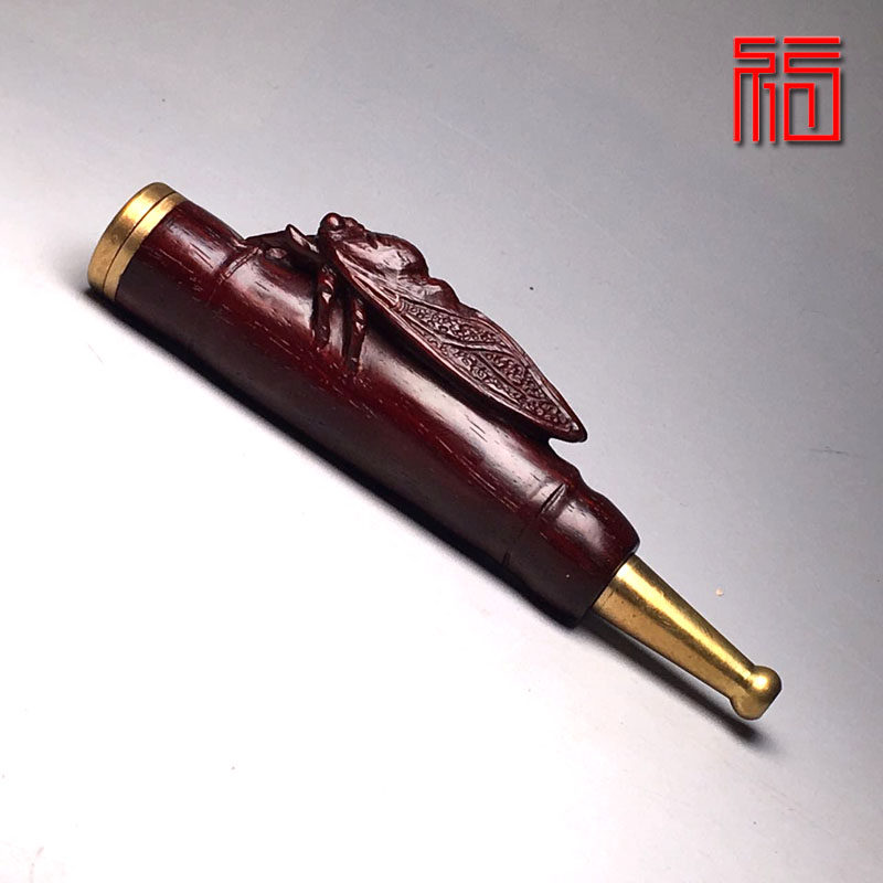 印度小叶紫檀烟嘴过滤嘴烟斗知足常乐手把件木雕直斗烟枪红木