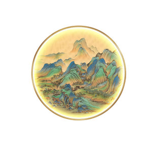 新中式玄关装饰画圆形千里江山图带灯发光画客厅茶室背景墙挂画