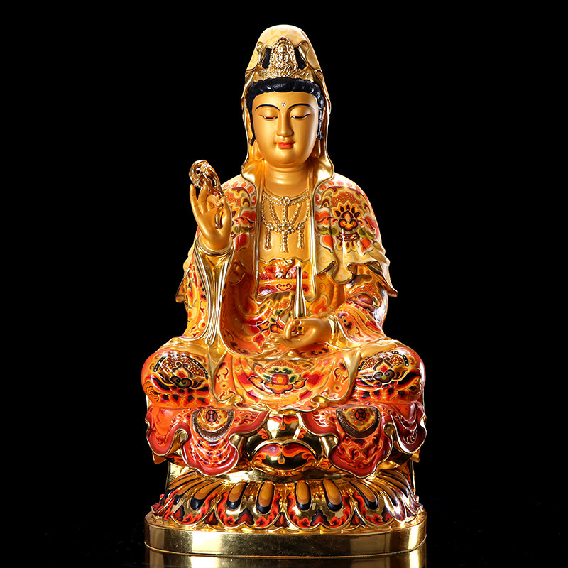 台湾纯铜彩绘观世音菩萨佛像摆件家用供奉莲花座娑婆三圣西方三圣