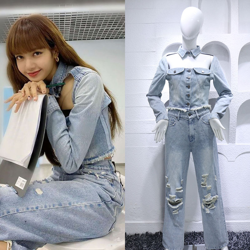 热销外套上衣你_青春有你2lisa同款浅蓝色镂空牛仔外套短款修身上衣