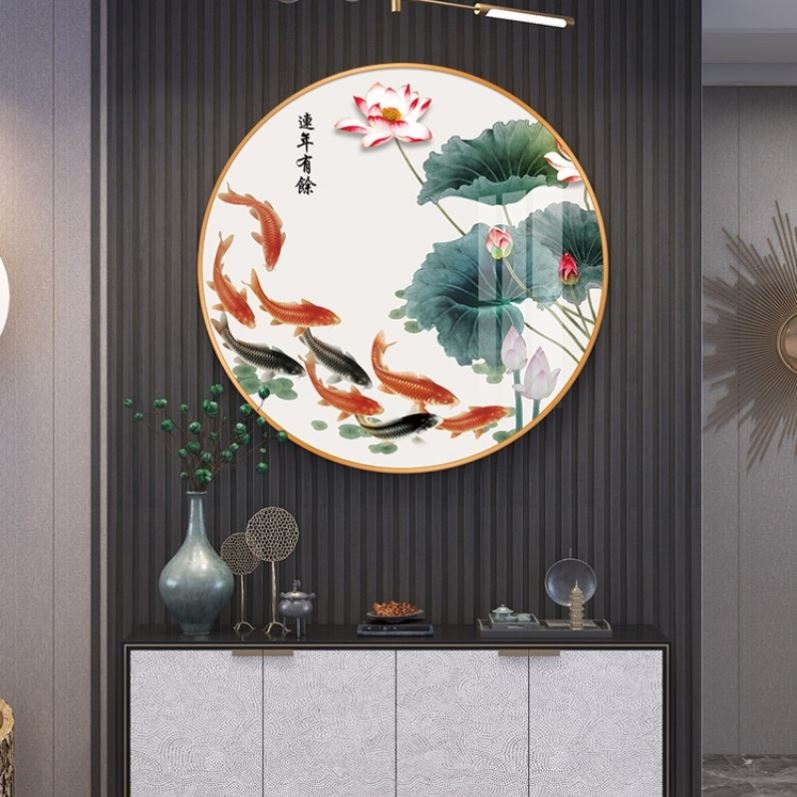 新中式玄关过道客厅壁画创意连年有余九鱼图晶瓷挂画墙壁圆形装饰