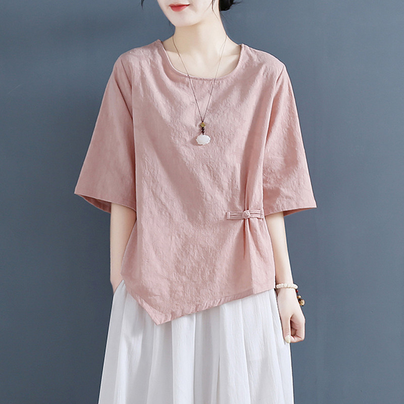 文艺复古提花棉麻短袖t恤女夏季纯色休闲宽松不规则下摆盘扣上衣