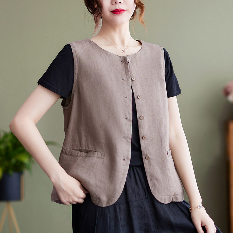 棉麻马甲女士无袖坎肩夏季宽松百搭薄款亚麻背心外套休闲马夹上衣