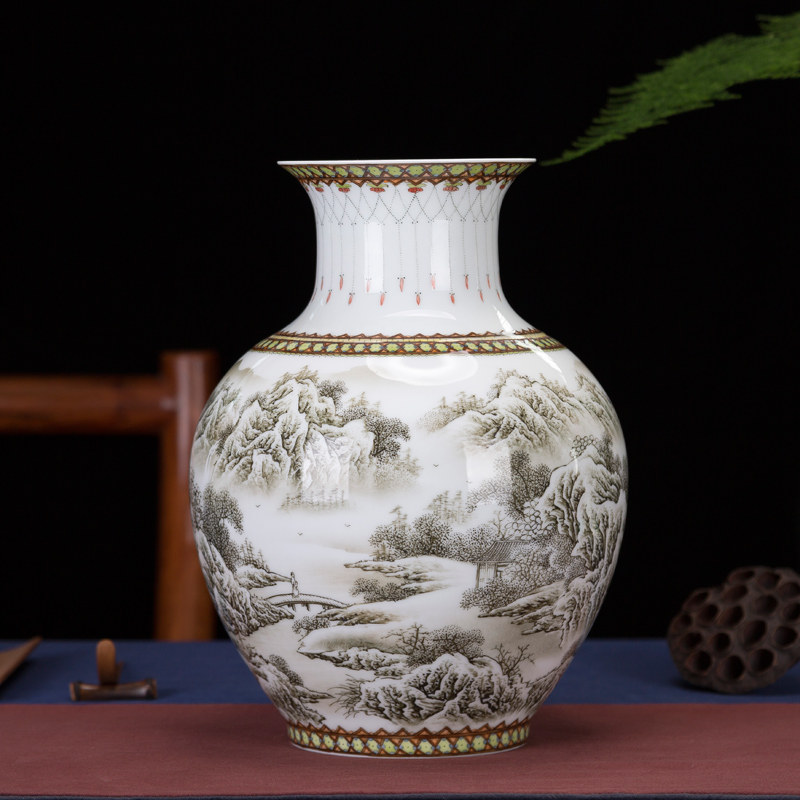 当代官窑1969年陶研所(墨彩山水内画喜上眉梢瓶)