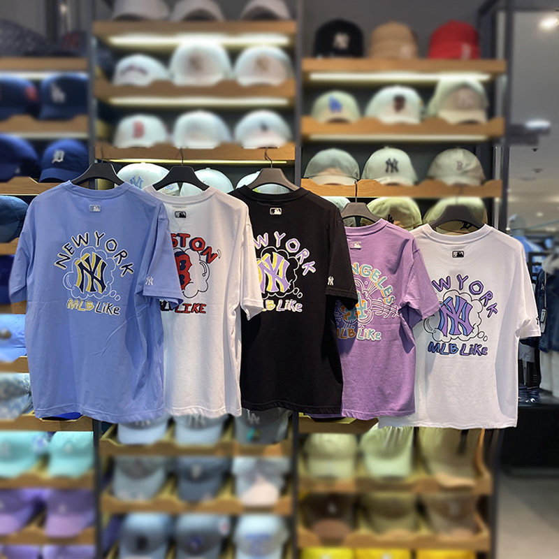 韩国mlb短袖t恤女like涂鸦系列云朵闪电ny洋基队宽松半袖男女同款