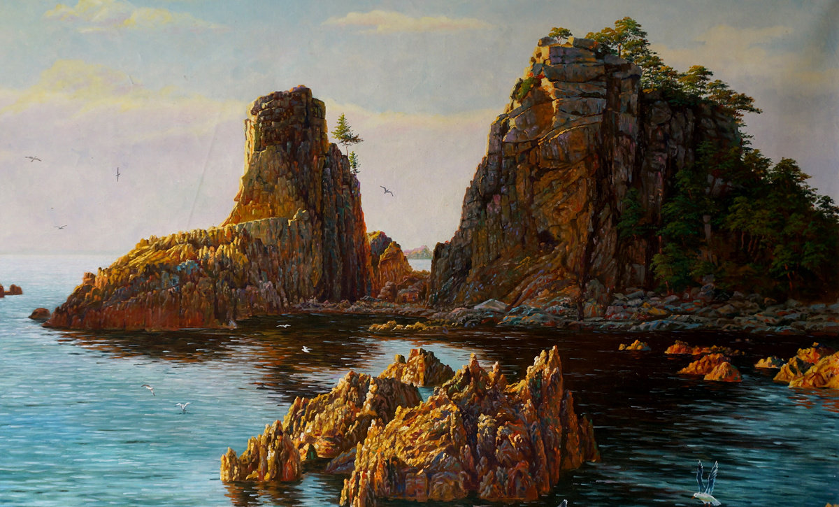 李革哲 《海角奇石》 朝鲜名家油画